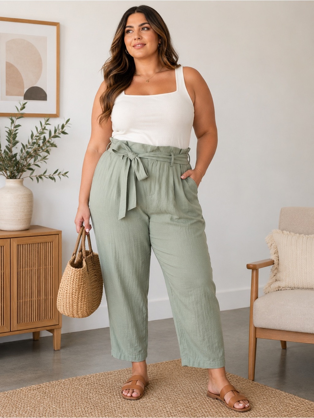 A New Day Pants Green High Rise Paperbag Tie Waist Ankle NWT